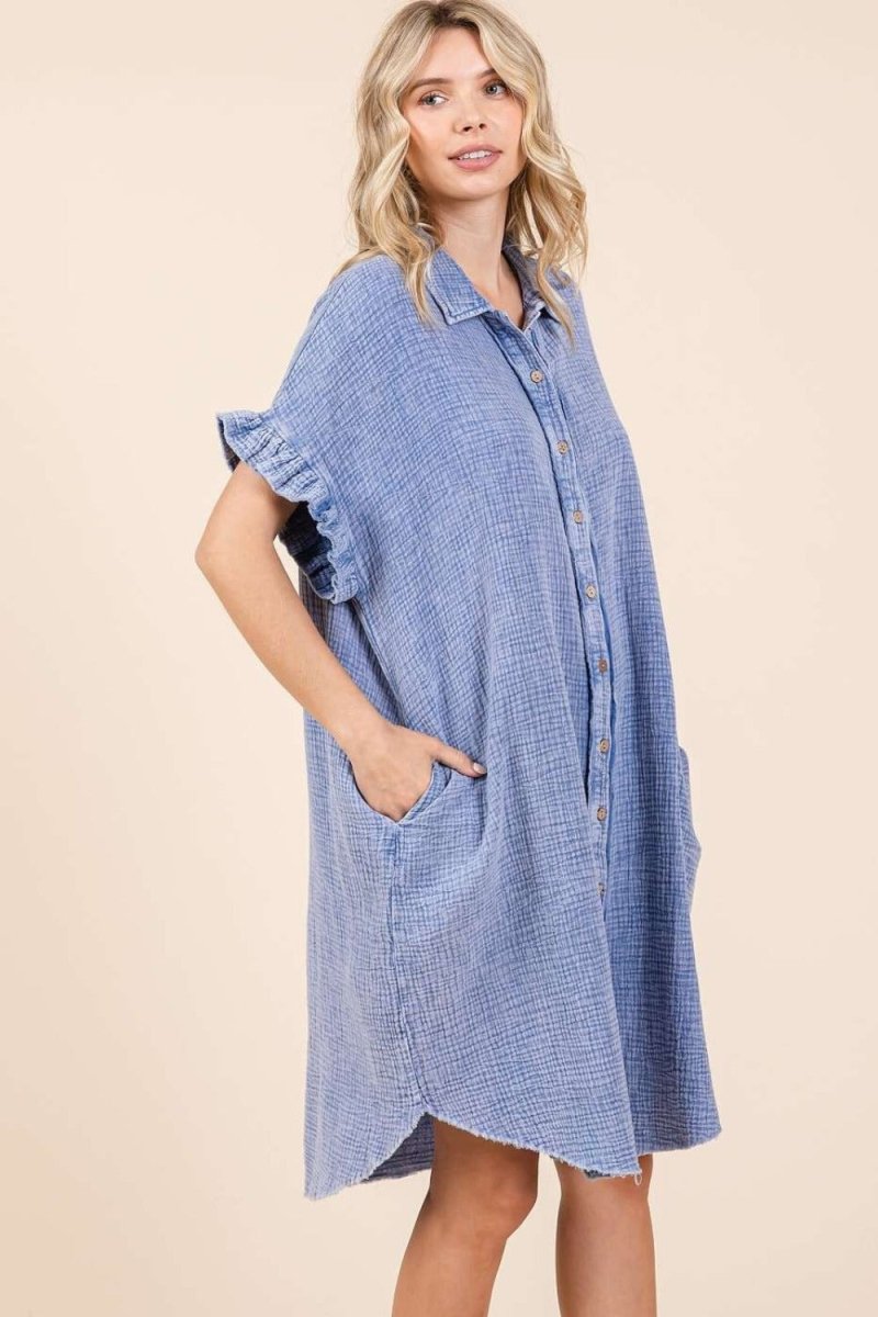 Mittoshop Mineral Wash Cotton Gauze Mini Shirt Dress - Trendsi