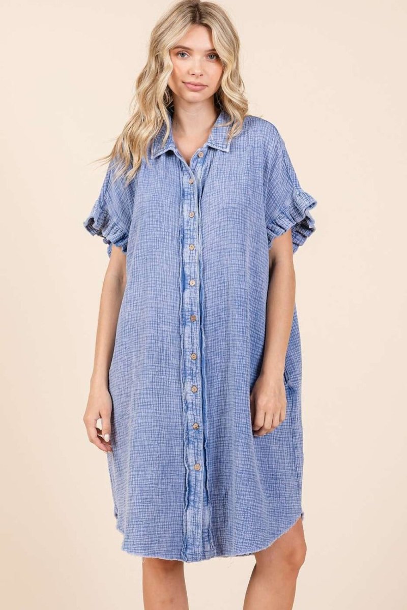 Mittoshop Mineral Wash Cotton Gauze Mini Shirt Dress - Trendsi