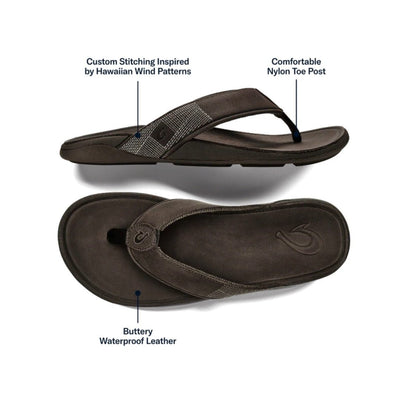 Olukai Men's Tuahine Waterproof Leather Sandals Dark Wood 5