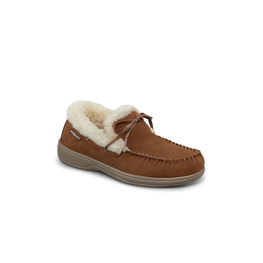 Orthofeet Men's Tuscany Classic suede moccasin slippers with faux fur Brown Shoes 1