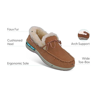 Orthofeet Men's Tuscany Classic suede moccasin slippers with faux fur Brown Shoes 4