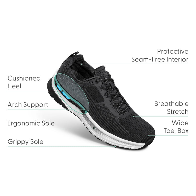 Orthofeet Race Men’s Comfort Walking Shoe - Black - Extended Capacity Sneaker 6
