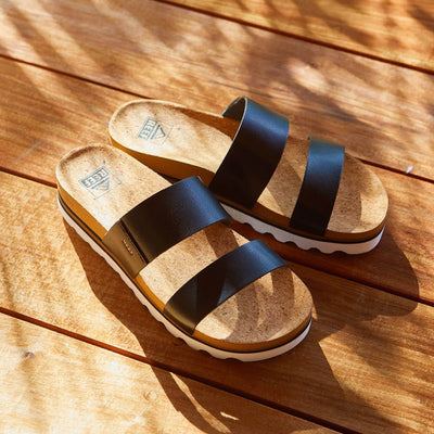 Reef Women's Cushion Vista Hi Black Sandal – Vegan Leather Platform 4