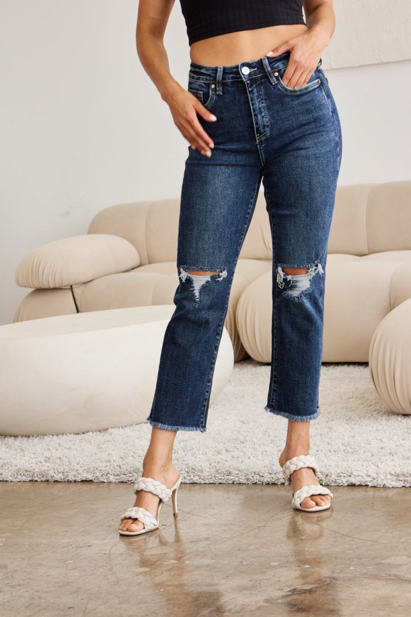 RFM Crop Dylan Full Size Tummy Control Distressed High Waist Raw Hem Jeans - Women's BottomRFM