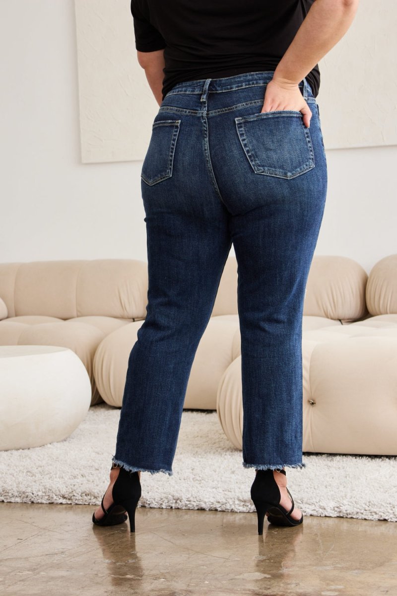 RFM Crop Dylan Full Size Tummy Control Distressed High Waist Raw Hem Jeans - Women's BottomRFM