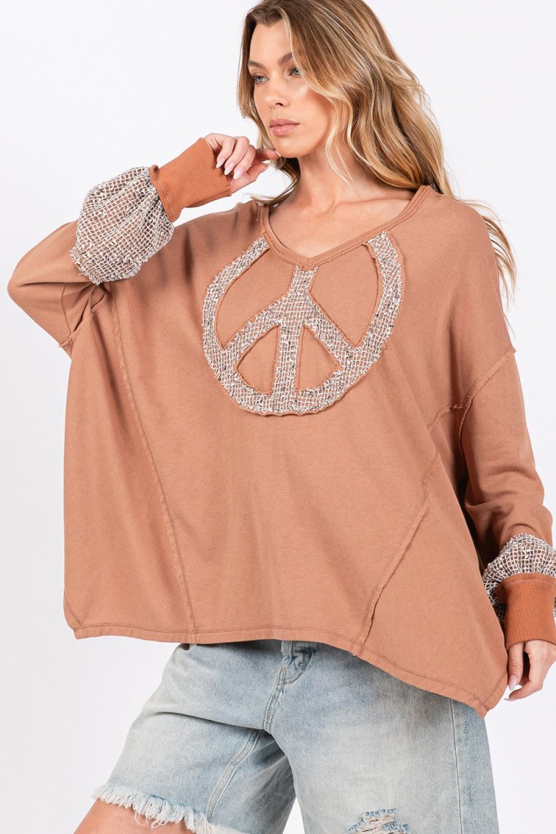 SAGE + FIG Peace Sign Mineral Wash Terry Top - Trendsi