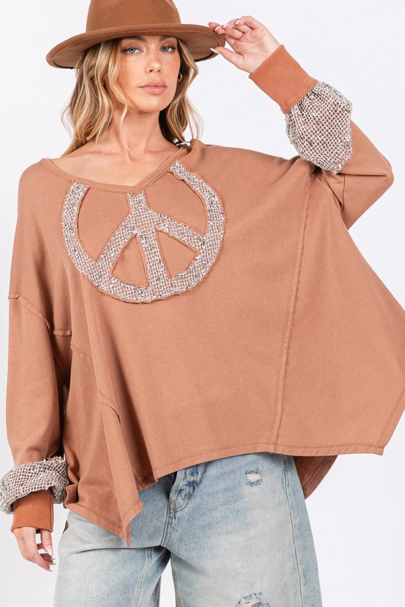 SAGE + FIG Peace Sign Mineral Wash Terry Top - Trendsi