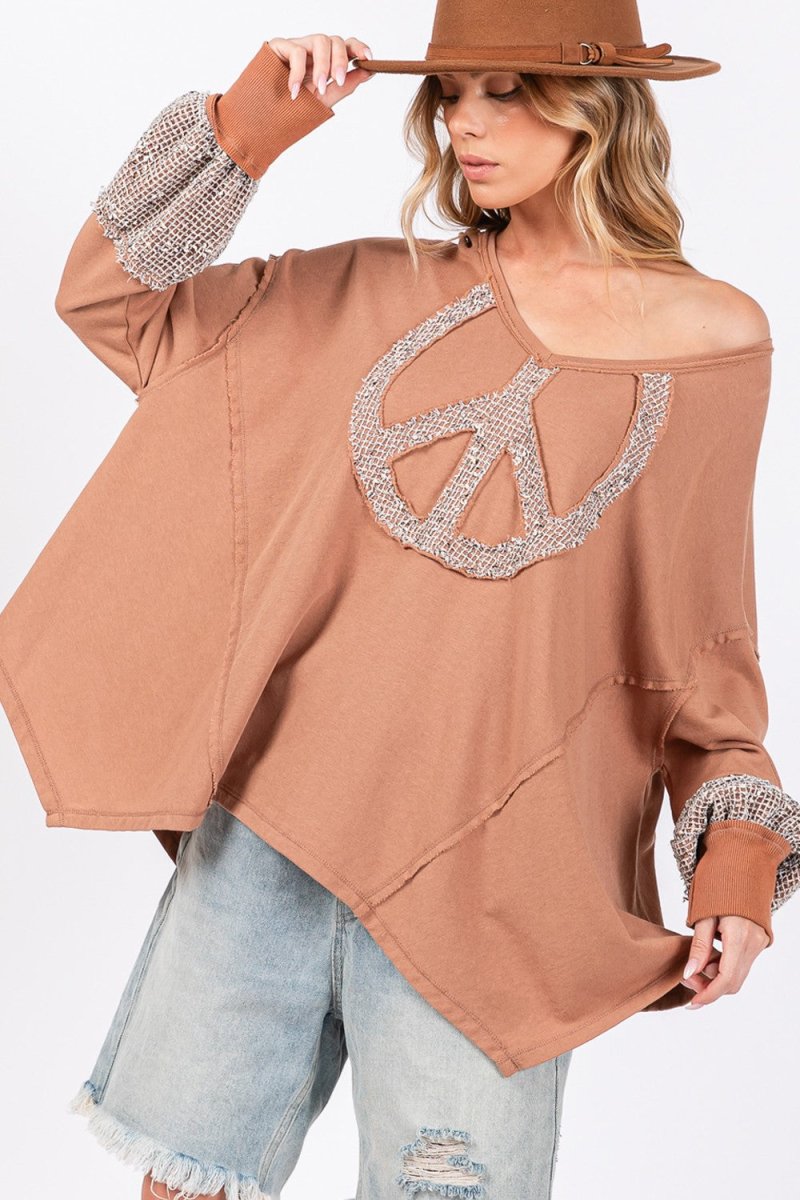 SAGE + FIG Peace Sign Mineral Wash Terry Top - Trendsi