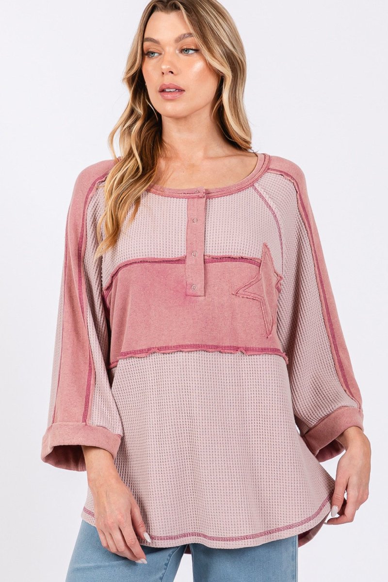 SAGE + FIG Star Applique Patch Exposed Seam Waffle Knit Top - Trendsi