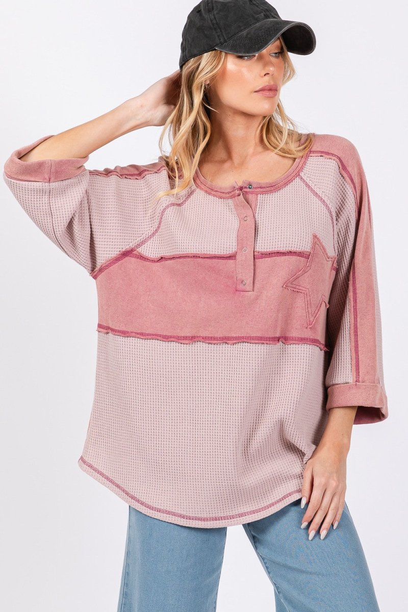 SAGE + FIG Star Applique Patch Exposed Seam Waffle Knit Top - Trendsi