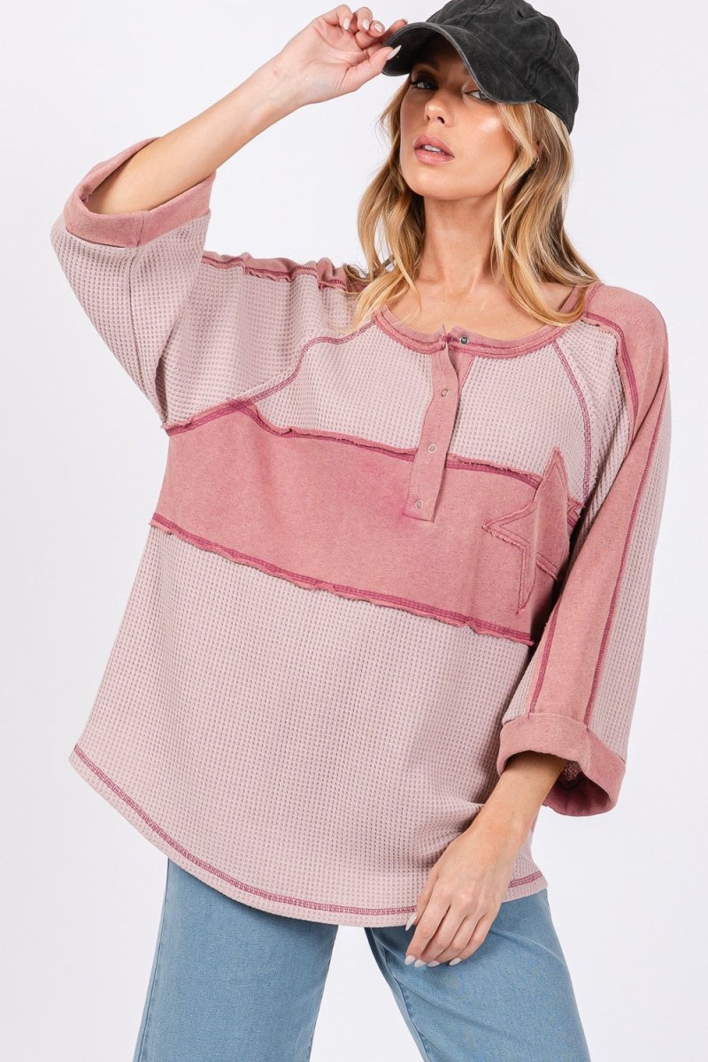 SAGE + FIG Star Applique Patch Exposed Seam Waffle Knit Top - Trendsi