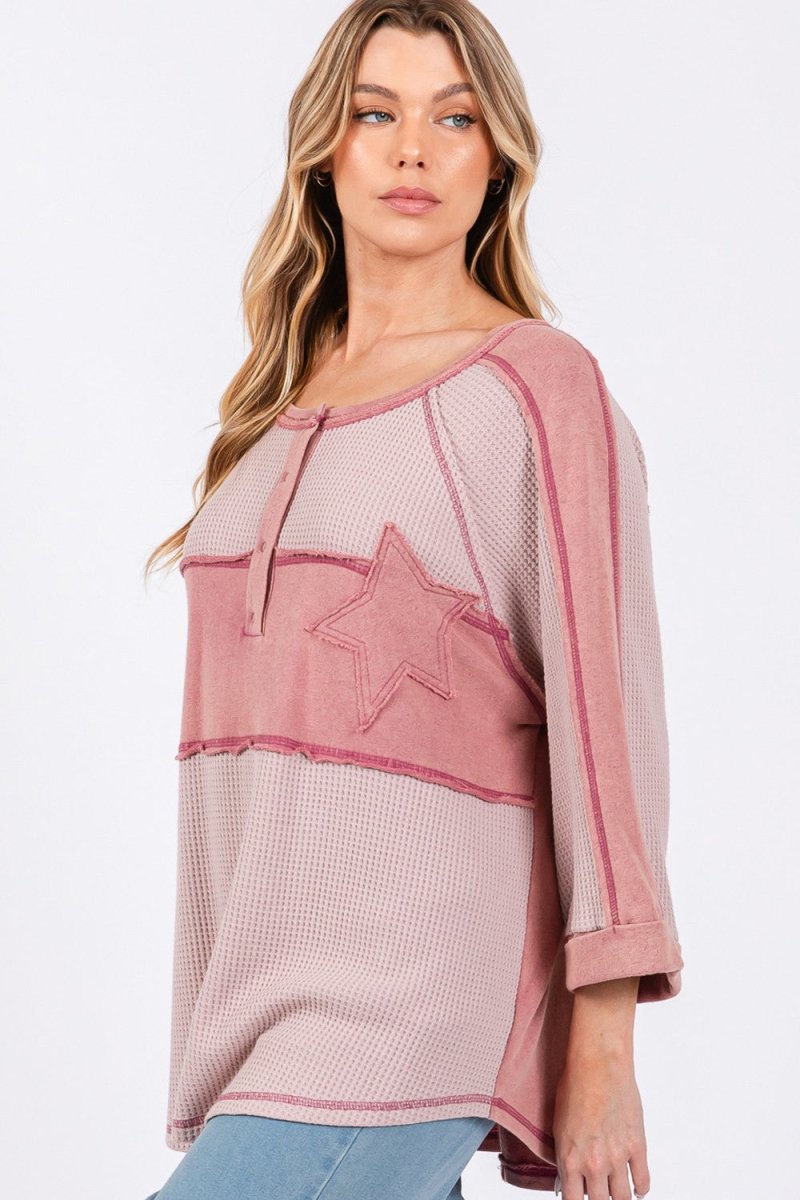 SAGE + FIG Star Applique Patch Exposed Seam Waffle Knit Top - Trendsi