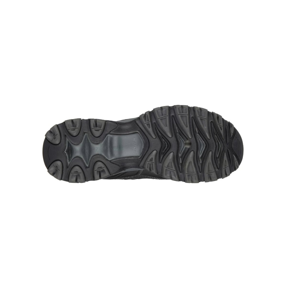 Black Skechers athletic sneaker with rugged sole, lace-up design, and visible Skechers logo on the side, designed for outdoor