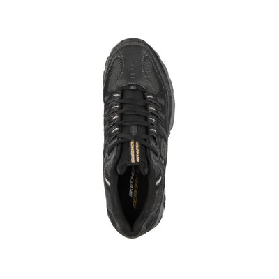 Black Skechers athletic sneaker with rugged sole, lace-up design, and visible Skechers logo on the side, designed for outdoor