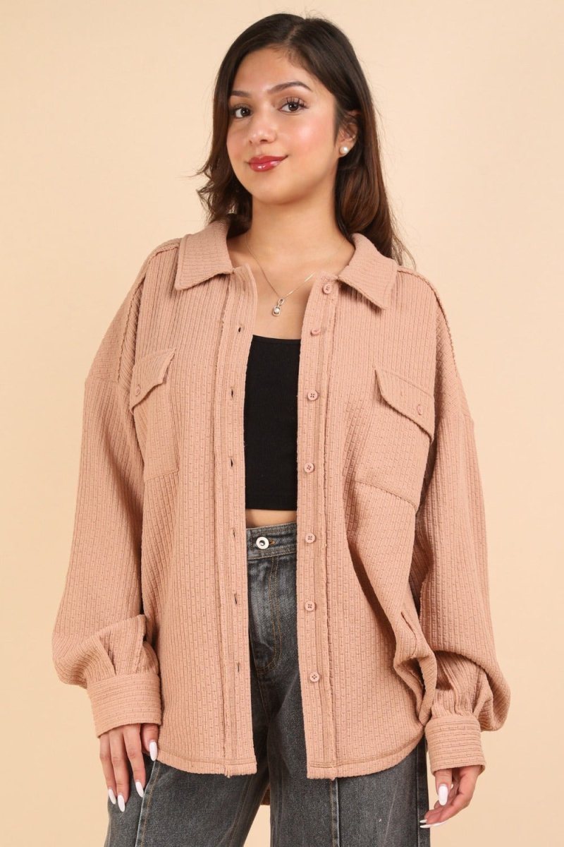 VERY J Button Down Textured Knit Shacket - Trendsi