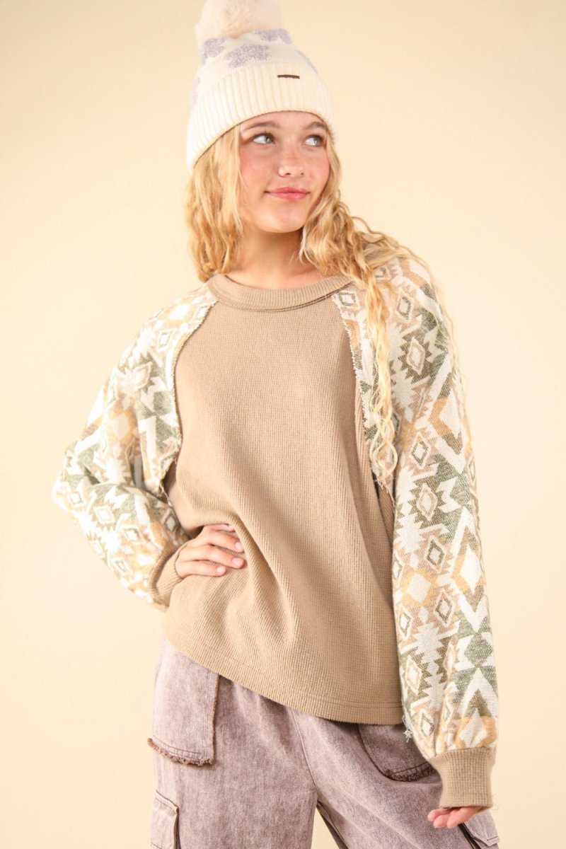 VERY J Printed Long Sleeve Round Neck Knit Top - Trendsi