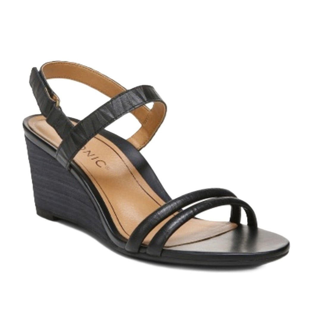 Vionic Women's Emmy Backstrap Wedge Black Leather Sandal - Women's SandalVionic